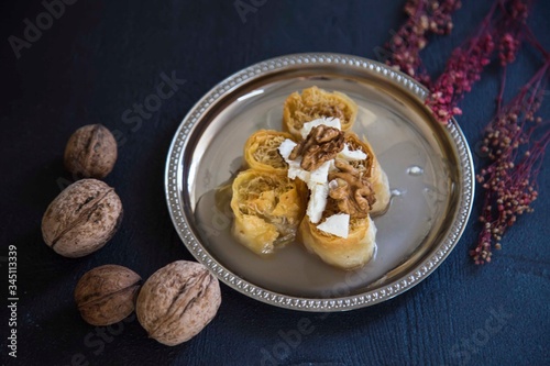 Homemade Turkish Dessert  Baklawa with Pistachio Powder.