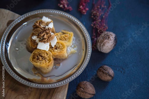 Homemade Turkish Dessert  Baklawa with Pistachio Powder.