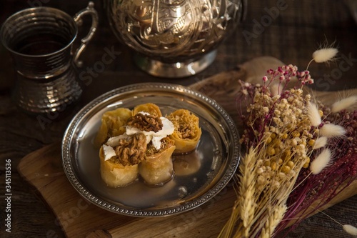 Homemade Turkish Dessert  Baklawa with Pistachio Powder.