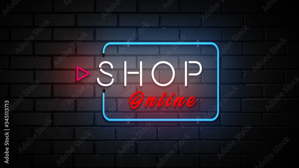 Fototapeta premium Shop online neon sign. Firing word on dark brick wall.