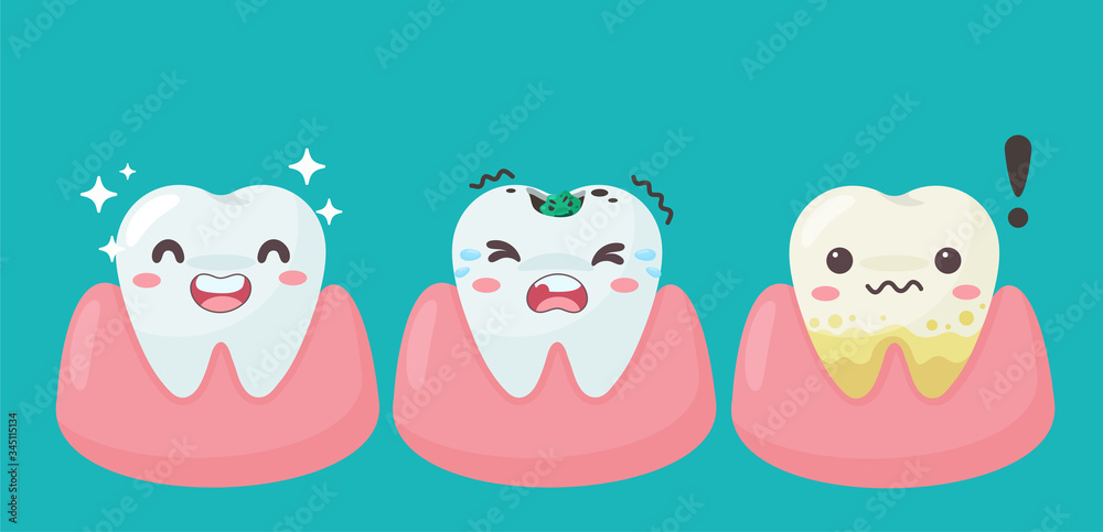 Obraz premium Cartoon teeth and gums inside the mouth are happy with the problem of tooth decay. There are plaque on the teeth.