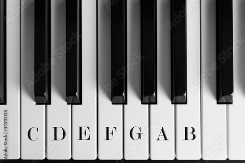 the range of piano keys of one octave with its names photo