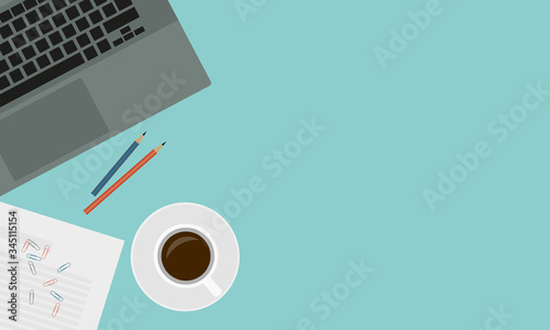 Flat design illustration of work desk, cup of coffee or hot chocolate with saucer and leptop. Top view of sheet of paper and pencil, space for text, vector
