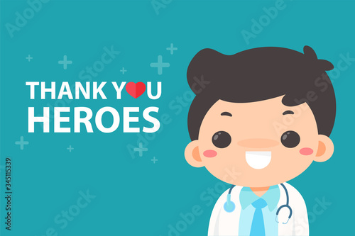 Cartoon doctor happy to see a message thanking the hero Tired of working during the corona virus pandemic.