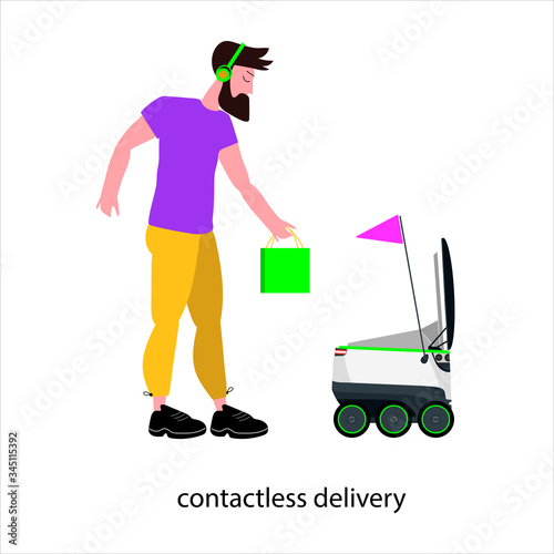 Contactless vector delivery concept illustration. Robot courier delivers, brings parcels to the house. The use of modern technology in courier delivery. tracking  via smartphone via GPS 