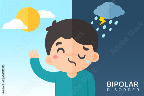 Bipolar cartoon. Men with mood swings due to bipolar disorder. Sometimes happy and sad to think of suicide.
