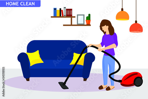 illustration of a woman with vacuum cleaner cleaning the house