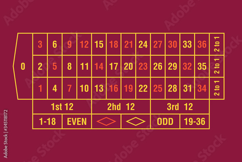 Red gambling roulette table with numbers. top view