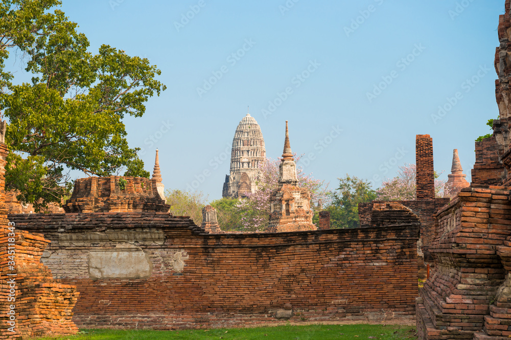 Fototapeta premium Historical and religious architecture of Thailand - ruins of old Siam capital Ayutthaya. View to brick remains of Wat Mahathat temple