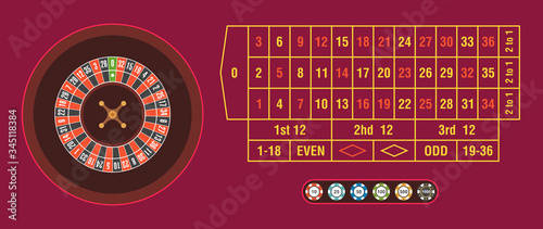 Casino roulette wheel with casino chips on Red table. top view