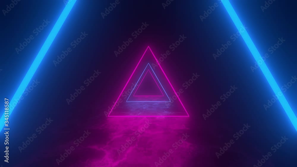 Flying through glowing rotating neon triangles creating a tunnel, blue red pink violet spectrum, fluorescent ultraviolet light, modern colorful lighting. Seamless loop VJ, 4k animation