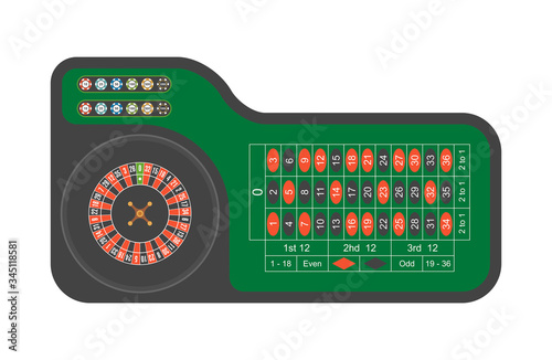 Casino roulette table. Green gambling roulette table with numbers. top view

