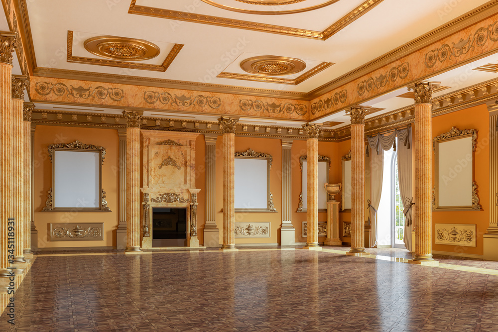The ballroom and restaurant in classic style. 3D render interior mock up
