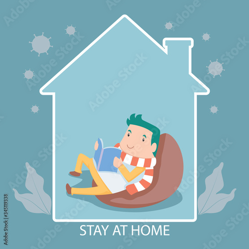 The happy man stay at home and reading a book on bean bag concept. in vector stlye.