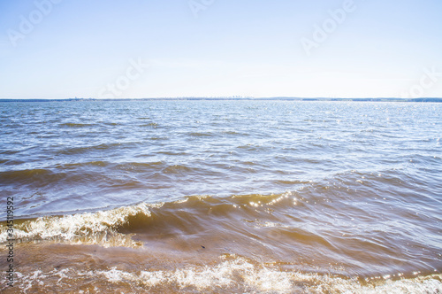 Fototapeta Naklejka Na Ścianę i Meble -  Golden sandy seashore with transparent wave
