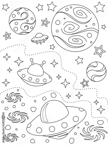 Coloring page with different planets, alien spaceships, nebulae and stars, black elements on a white background. Vector design template for kids coloring book, print. Entertainment and recreation