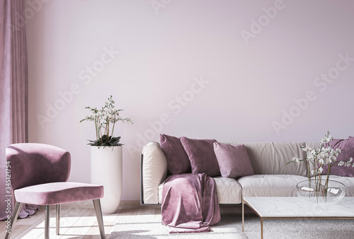 Modern sofa on light pink wall background with trendy home accessories, home decor interior, luxury living room photo