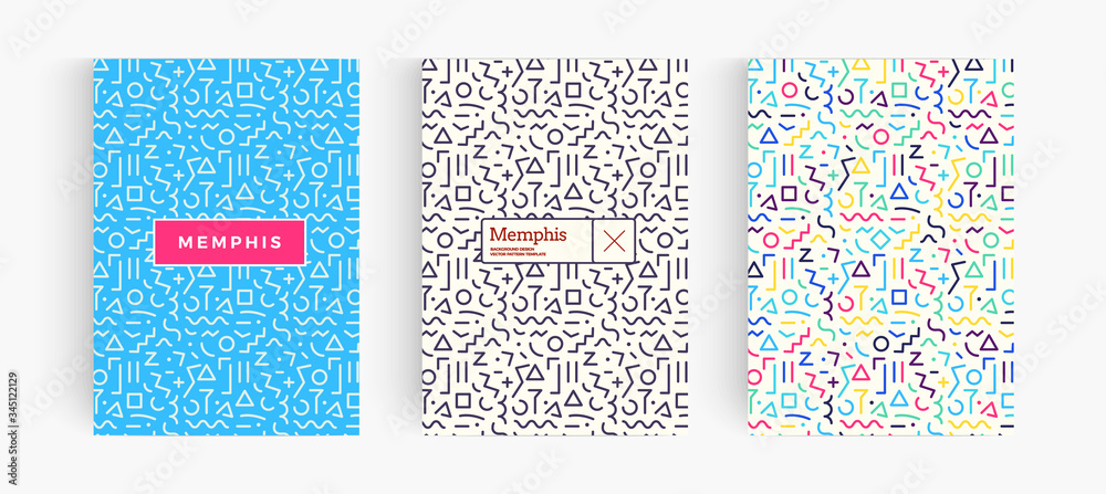 Set of geometrical bright posters with abstract geometric shapes, Memphis style pattern design for banner, card and flyer background. modern and Creative vector illustration.