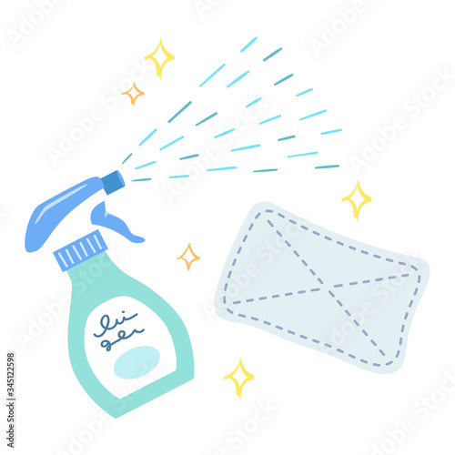 掃除用スプレーと雑巾のイラスト