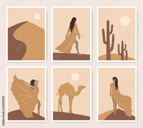 Abstract desert posters set of asian girls, camel, cactus and moon in minimalistic style. Oriental vector illustration in brown and yellow colors. Outdoor sunset landscape travel design.