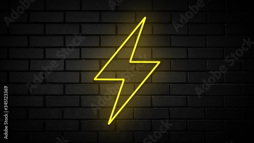 Lightning bolt icon neon on the brick background. Flash Symbol Animation