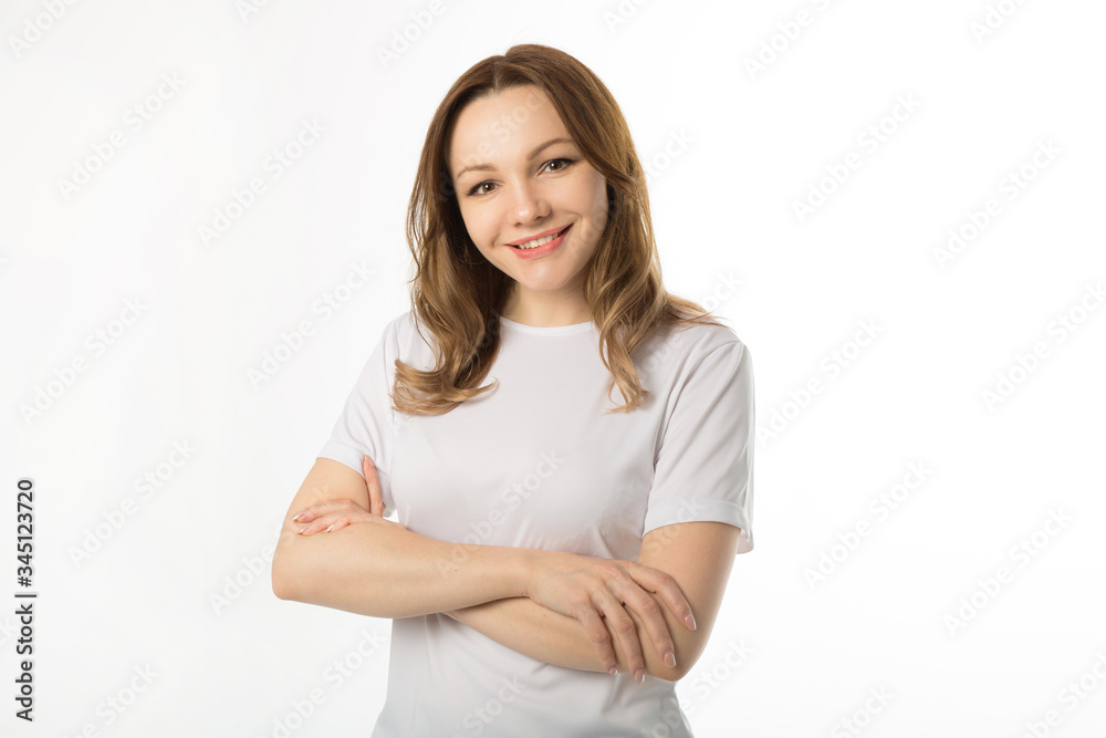 beautiful young woman in a white t-shirt on a white background beautiful young woman in a white t-shirt on a white background