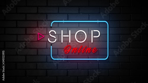 Online Shopping sale neon sign. Global shopping world day.