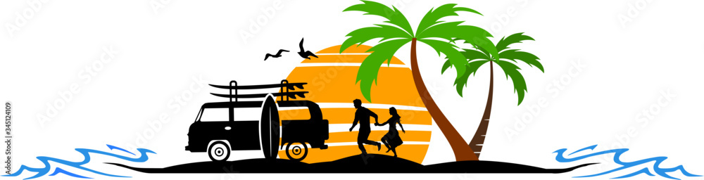 Palm Beach Van Surf Silhouette Vector