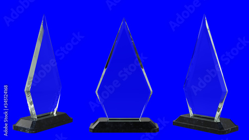 Arrow shaped blank glass trophy award on removable blue screen background. Multiple angles.