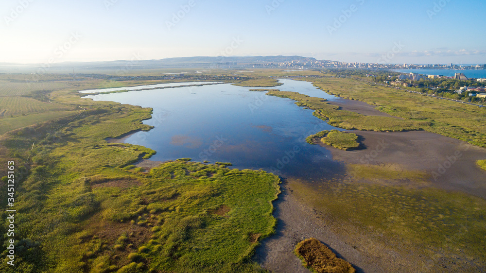 Aerial view of the city of Anapa and Lake Chemburskoe. Krasnodar region. Russia.