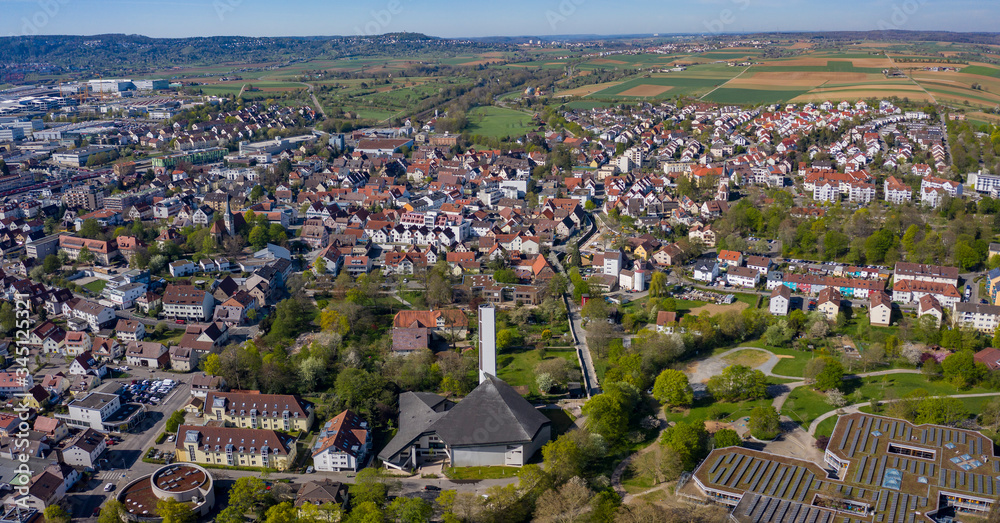 Aerial view of the city Ditzingen in Germany on a sunny morning in early spring