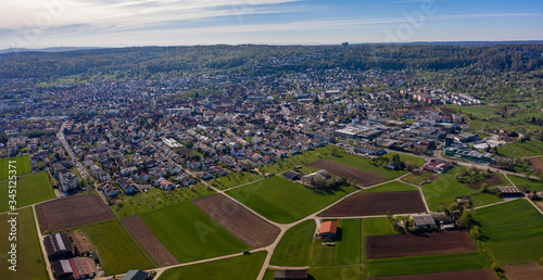 Aerial view of the city Gerlingen in Germany on a sunny morning in early spring 