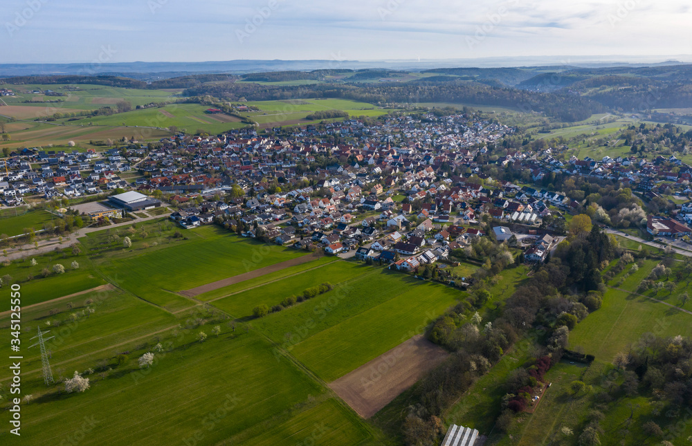 Aerial view of the village Wimsheim in Germany on a sunny morning in early spring
