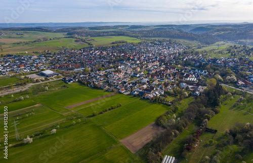 Aerial view of the village Wimsheim in Germany on a sunny morning in early spring
