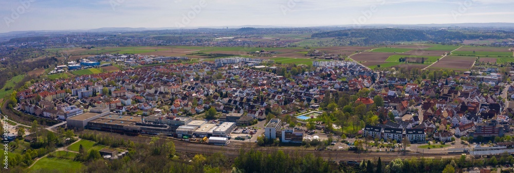 Aerial view of the city Sachsenheim in Germany on a sunny day in early spring