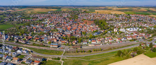 Aerial view of the city Schweigern in Germany on a sunny day in early spring