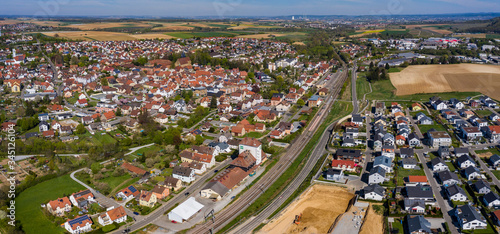 Aerial view of the city Schweigern in Germany on a sunny day in early spring