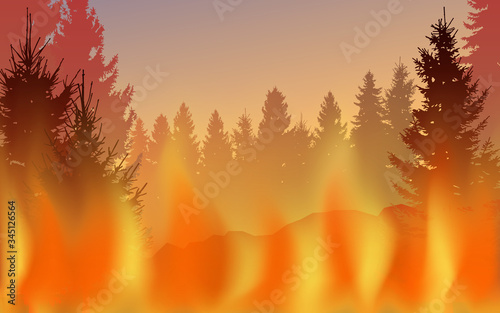 Vector image of forest fire. Save the nature. Landscape with fire on trees. Burning of deadwood. Smoke from agreement.