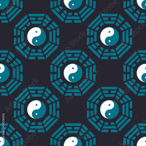 Seamless vector pattern with Yin and yang symbol with Bagua Trigrams