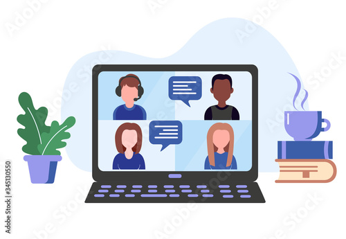 Video online conference. Video meeting and interview. Online communication. Working freelance, e-learning or studying at home in laptops. Vector illustration isolated on white photo