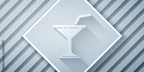 Paper cut Martini glass icon isolated on grey background. Cocktail icon. Wine glass icon. Paper art style. Vector Illustration