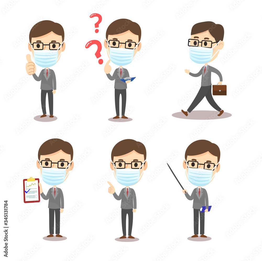 Set Business Man wearing Mask Vector