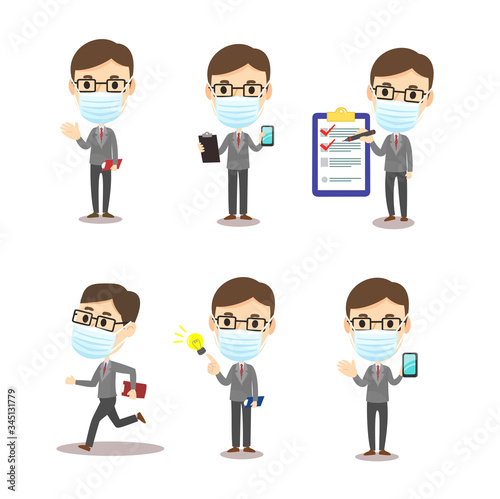 Set Business Man wearing Mask Vector