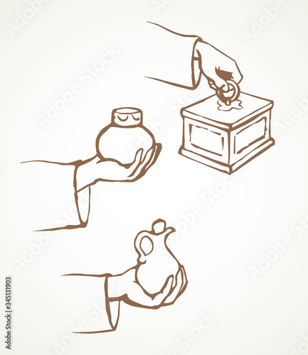 Gifts of gold, frankincense and myrrh. Vector drawing