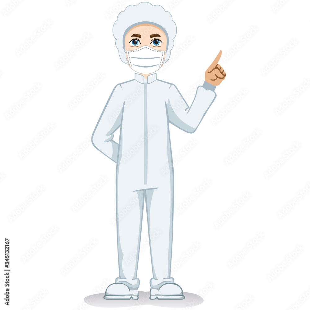 Caucasian male mascot, safety equipment against contamination. Ideal for educational and informative medical materials Caucasian male mascot, safety equipment against contamination. Ideal for educational and informative medical materials