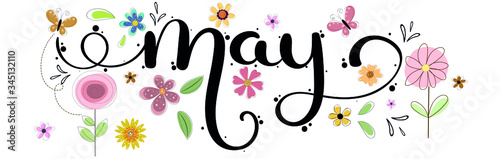 Hello May. MAY month vector with flowers, butterflies and leaves. Decoration floral. Illustration month may	