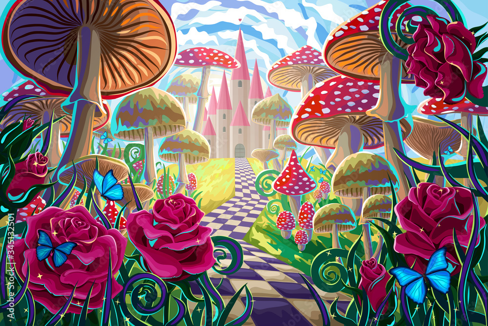 Naklejka premium fantastyczny krajobraz z grzybami, pięknym starym zamkiem, czerwonymi różami i motylami. ilustracja do bajki „Alicja w Krainie Czarów”