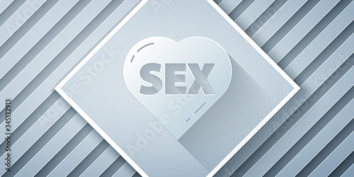 Paper cut Heart with text Sex icon isolated on grey background. Adults content only icon. Paper art style. Vector Illustration