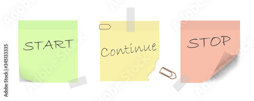 Start, Continue, Stop. Colorful sticky notes to be used by agile development teams for retrospective evaluation. photo