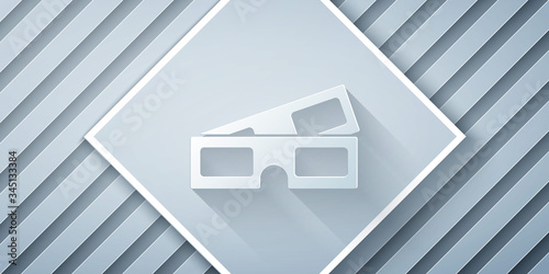 Paper cut 3D cinema glasses icon isolated on grey background. Paper art style. Vector Illustration